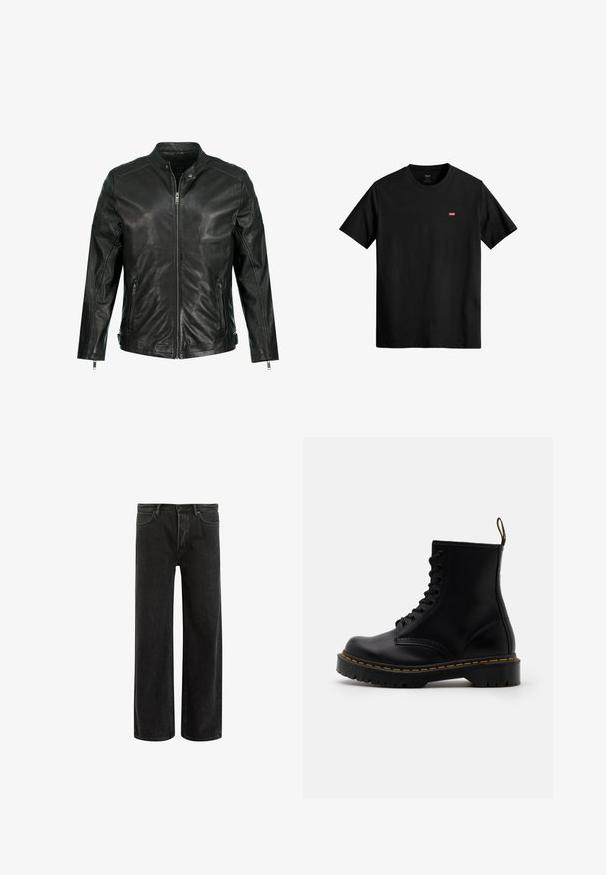 Sort læderjakke med opretstående krave, fuld lynlås foran, to sidelommer med lynlås og paneldetaljer på skuldrene. Glat tekstur.; Sort bomulds T-shirt med rund halsudskæring, korte ærmer og et lille rødt Levi's logo på venstre bryst. Letvægts og en simpel design.; Sorte denim bredde ben jeans med høj talje, med klassisk fem-lomme design og subtil falmning for et tekstureret udseende.; Sorte læder ankelstøvler med snørebånd foran, gul syning, en rund tå og en tyk, tekstureret gummisål.
