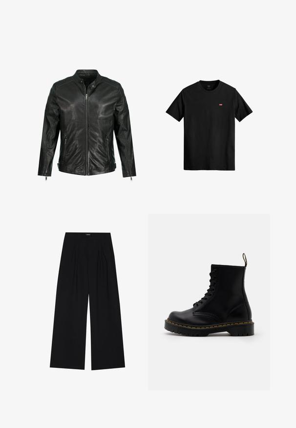 Sort læderjakke med opretstående krave, fuld lynlås foran, to sidelommer med lynlås og paneldetaljer på skuldrene. Glat tekstur.; Sort bomulds T-shirt med rund halsudskæring, korte ærmer og et lille rødt Levi's logo på venstre bryst. Letvægts og en simpel design.; YOURTURN UNISEX - Bukser - black; Sorte læder ankelstøvler med snørebånd foran, gul syning, en rund tå og en tyk, tekstureret gummisål.