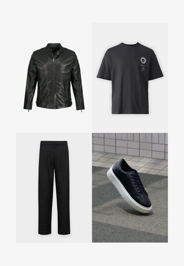 Zwarte leren jas met opstaande kraag, volledige ritssluiting aan de voorkant, twee zijzakken met ritssluiting en paneeldetails op de schouders. Gladde textuur.; Zwarte katoenen t-shirt met korte mouwen, ronde hals en voorop afbeeldingen van een zon en maan, vergezeld van de tekst "Le Soleil et La Lune."; Zwarte broeken van gladde stof, met een recht model, twee voorknikken en een standaard tailleband met riemlussen.; Zwarte leren sneaker met een ronde neus en een witte rubberen zool. Voorzien van platte veters en minimale stiksels op het bovenwerk. Textuurrijke zool voor grip.