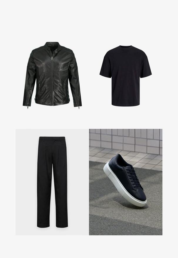 Mustat nahkatakki, jossa on pystyamara, täysi vetoketju etuosassa, kaksi sivuvetokoteloa ja paneelidetaljit hartioissa. Sileä texture.; Musta puuvillapaita, jossa on pyöreä kaula-aukko, lyhyet hihat ja rento muotoilu. Yksinkertainen ja sileä pinta, ilman näkyviä kuvioita tai koristeita.; Mustat housut, jotka on valmistettu sileästä kankaasta, suoran lahkeen muotoilulla, kahdella etupleekillä ja tavanomaisella vyötäröllä, jossa on vyölenkit.; Mustat nahkakengät, joissa on pyöristetty kärki ja valkoinen kumipohja. Varusteena litteät nauhat ja minimaalinen ommel ylhäällä. Teksturoitu pohja pitävyyden lisäämiseksi.