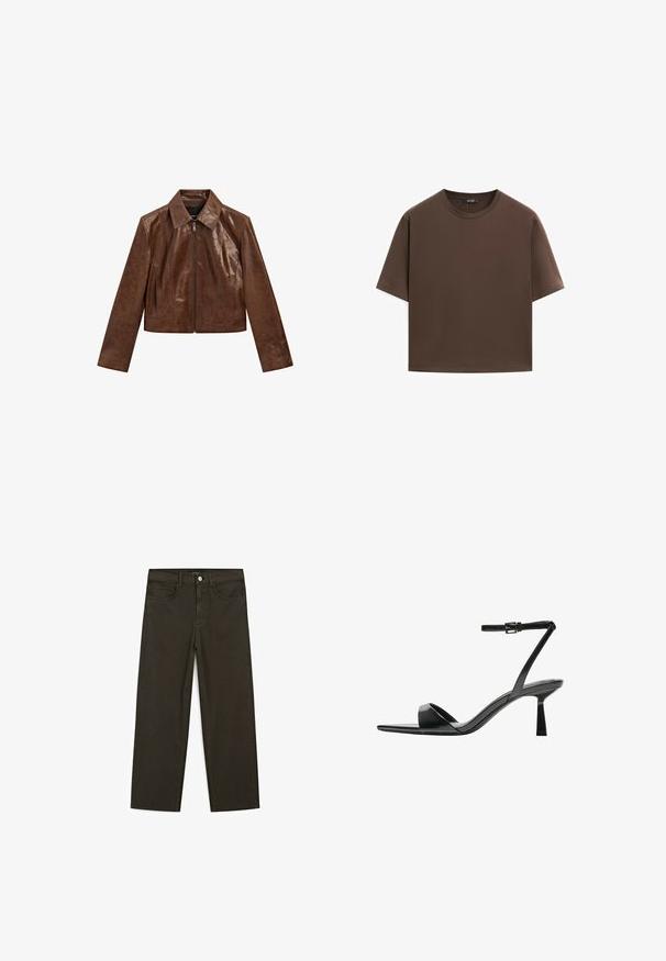 Bruine lederen cropped jas met een spitse kraag, ritssluiting en een gladde textuur met subtiele glans en naaddetails.; Bruine katoenen t-shirt, korte mouwen, ronde hals, relaxte pasvorm, gladde textuur, minimalistisch ontwerp, geen zichtbare patronen of accenten.; Donkergroene wijde jeans van een katoenmix, met een sluiting met een voorste knop, vijf zakken en klassieke denimstiksels.; Bershka Sandalen met hoge hak - black