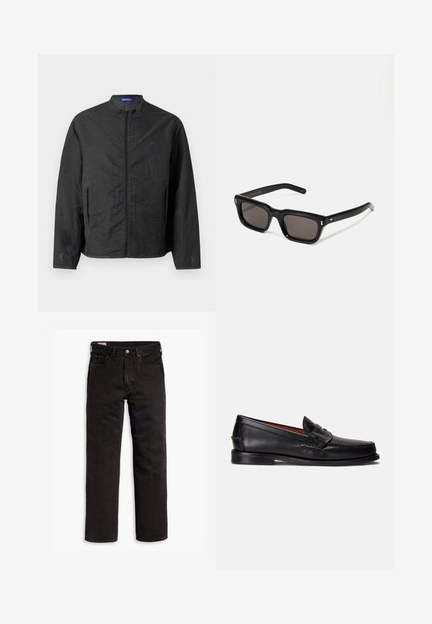 Black lightweight jacket with a high neck, front zipper, and elastic cuffs. Features a small blue logo on the chest and textured fabric.; White long-sleeve button-up shirt in cotton. Features a classic collar, button cuffs, and a small navy embroidered logo on the chest.; Black straight-leg denim jeans with five pockets, button closure, and belt loops, laid flat on a white background.; Black leather loafers with a smooth finish, rounded toe, and a decorative band across the upper. Features a low black sole.; Black rectangular sunglasses with dark lenses, thick plastic frame, gold accents on temples, and brand logo engraved on the arm.