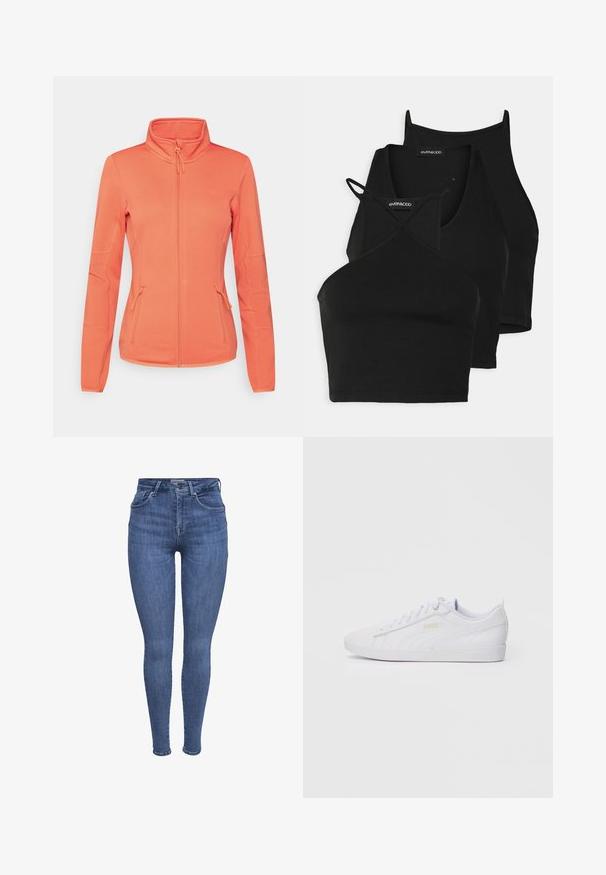 ONLY Play ONPJETTA HN LS NOOS - Fleece jacket - spiced coral; Black cropped tops in soft, stretchy fabric with thin straps and a crisscross design. Features a rounded neckline and seamless finishing.; Blue high-waist skinny jeans with front pockets, button, zipper closure, and belt loops, displayed on a white background.; White low-top Puma sneaker with lace-up front, subtle branding on side and sole, and smooth synthetic upper for casual wear.