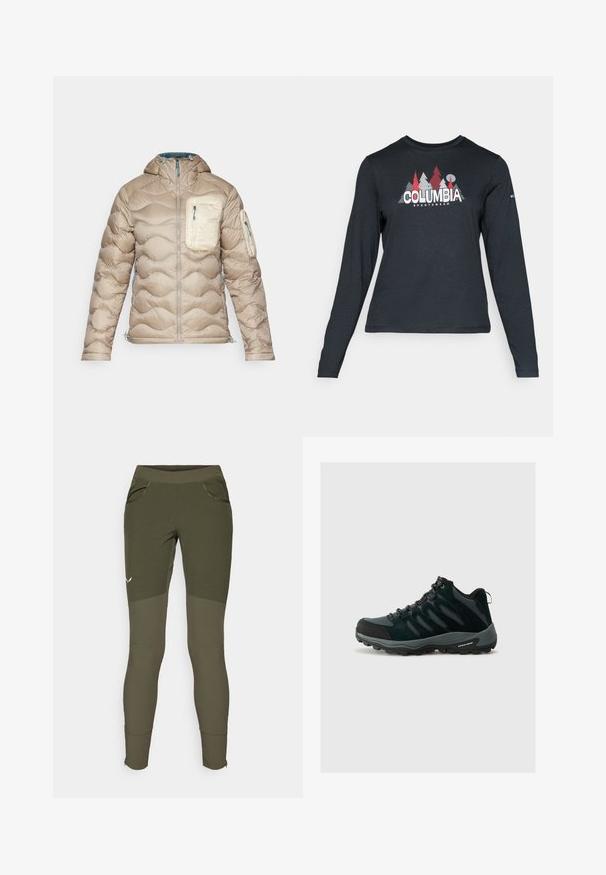 Peak Performance HELIUM UTILITY HOOD JACKET - Puhovka - avid beige/sand fog/hydro fresh; Majica z dolgimi rokavi temno siva z grafiko rdečih dreves in gora; logotip "COLUMBIA" v krepki beli barvi. Mehka tkanina, standarden krojen ovratnik.; Olivno zelene športne hlače z teksturiranim dizajnom, dvema stranskima žepoma, oprijetim krojem in zadrgo na robovih za prilagodljive odprtine za noge.; Columbia REDMOND - Pohodniški čevlji - black/citron haze