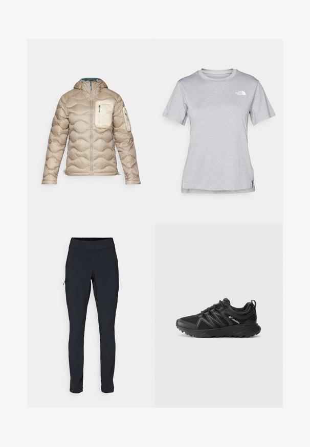 Peak Performance HELIUM UTILITY HOOD JACKET - Casaco de penas - avid beige/sand fog/hydro fresh; T-shirt cinza de mangas curtas feito de um tecido suave e que absorve a humidade. Apresenta um decote redondo e um pequeno logotipo branco na parte superior esquerda.; Calças de atletismo pretas com um corte ajustado, cintura elástica e um bolso lateral com fecho. Tecido suave e elástico com costuras mínimas.; Columbia PEAKFREAK - Sapatos de caminhada - black