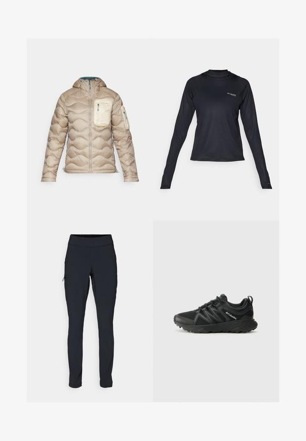 Peak Performance HELIUM UTILITY HOOD JACKET - Dunjakker - avid beige/sand fog/hydro fresh; Sort langærmet atletisk skjorte lavet af letvægts, åndbart stof. Har en rund halsudskæring og Columbia-logoet på forsiden.; Svarte atletiske bukser med slim fit, elastisk talje og en side lomme med lynlås. Glat, strækbart stof med minimale sømme.; Columbia PEAKFREAK - Hikingsko - black