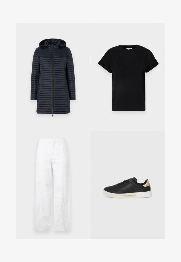 Save the duck MEGS - Talvemantel - black; Mustmust särk, millel on rullitud lühikesed varrukad, keskosas on embosseeritud logo ja küljel väike lipu aktsent.; Valged laiad püksid, mis on valmistatud kergetest materjalidest, omades siledat tekstuuri, puhtaid jooni ja kõrget vöökohta.; Must have nahkapäkk, millel on sile tekstuur, valge kummitald, kuldsed aktsendid kanna ja silmade ümber, külgedel logo.