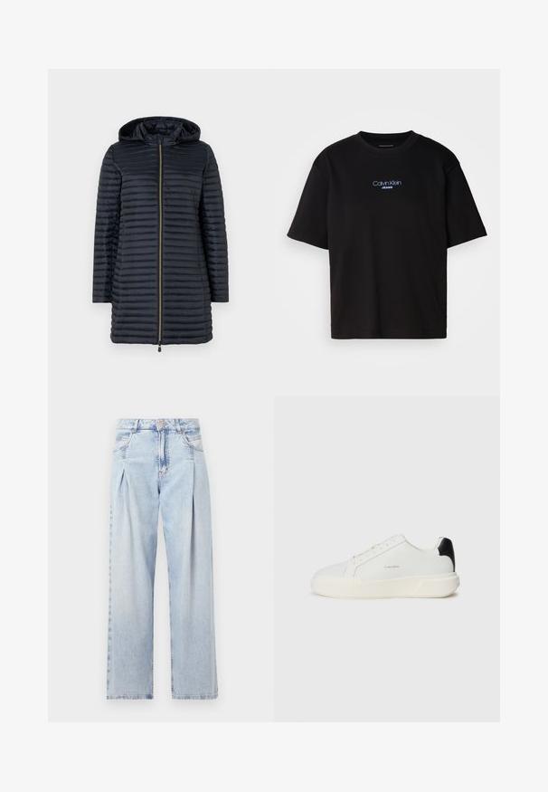 Save the duck MEGS - Cappotto invernale - black; T-shirt nera in cotone con colletto rotondo, maniche corte e logo ricamato blu "Calvin Klein JEANS" sul davanti.; Jeans in denim azzurro chiaro con vita alta, taglio a gamba larga, due tasche laterali e design plissettato. Texture morbida con una finitura sbiadita.; Sneaker bianco con tomaia in pelle liscia, punta tonda, chiusura con lacci e un contrasto di colore nero sul tallone. Presenta una suola in gomma testurizzata.