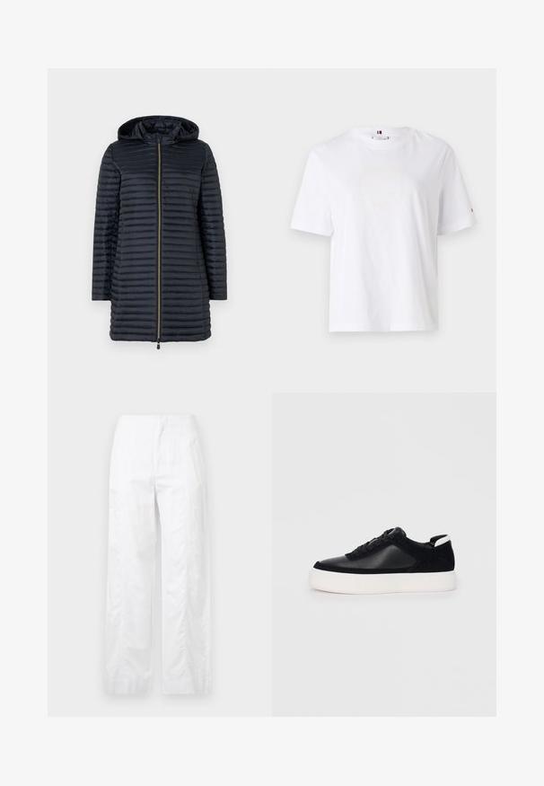 Save the duck MEGS - Cappotto invernale - black; T-shirt bianco in cotone con scollo rotondo, maniche corte e un discreto logo giallo che recita "HILFIGER NEW YORK 1985." Vestibilità standard.; Pantaloni bianchi a gamba larga realizzati in tessuto leggero, con una texture liscia, linee pulite e un design a vita alta.; Sneaker nera con pannelli in pelle liscia e suede, lacci piatti, punta arrotondata e suola in gomma bianca. Logo distintivo sul tallone.