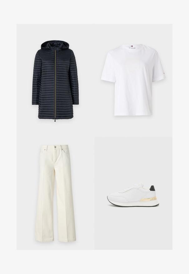 Save the duck MEGS - Zimski kaput - black; Bijela pamučna majica s okruglim izrezom, kratkim rukavima i suptilnim žutim logotipom koji glasi "HILFIGER NEW YORK 1985." Standardni kroj.; Široke bijele traperice izrađene od mješavine pamuka. Imaju zatvarač, dizajn s pet džepova i šavove uz rubove.; Bijele tenisice s glatkom obradom, koje imaju crni akcent na peti i zlatni metalni detalj na srednjem dijelu. Dizajn sa vezicama, gumeni potplat.