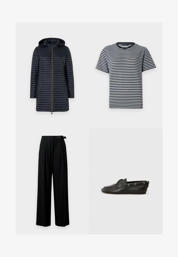 Save the duck MEGS - Wintermantel - black; Gestreiftes T-Shirt mit schwarz-weißen horizontalen Streifen, Rundhalsausschnitt und kurzen Ärmeln. Hergestellt aus weichem, leichtem Stoff.; Schwarze weit geschnittene Hosen mit hoher Taille, Falten an der Vorderseite und einem Gürtel mit Schnalle. Hergestellt aus glattem, leichtem Stoff.; Schwarze Lederbootsschuhe mit runder Zehenpartie, Schnürung vorne, metallischen Ösen und flacher Sohle. Verfügt über eine kleine Lasche hinten.