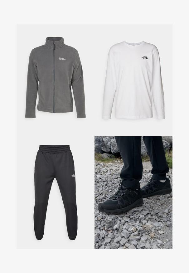 Chaqueta de forro polar gris con cuello alto, cremallera completa y logo en el lado izquierdo del pecho. Presenta mangas largas y una textura suave.; Camiseta de manga larga blanca de algodón con cuello redondo. Presenta un pequeño logotipo negro en el pecho. Textura suave, corte regular.; Pantalones deportivos negros con cintura ajustable mediante cordón, corte tapered, puños elásticos y un pequeño logo blanco en el muslo izquierdo, fabricados en tejido suave.; Zapatos exteriores negros con malla y material sintético, que presentan un upper texturizado, un sistema de cordones seguro y una suela robusta, sobre terreno rocoso.