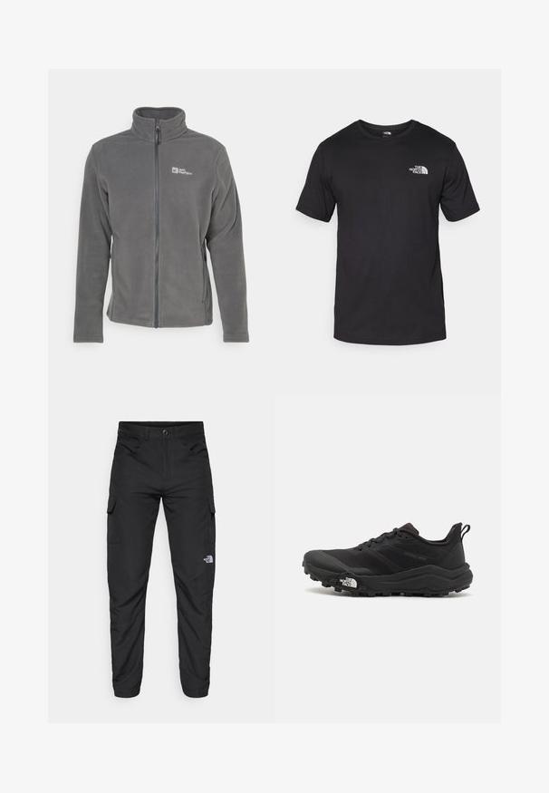 Grey fleece jacket with a high collar, full zipper, and logo on the left chest. Features long sleeves and a soft texture.; Black short-sleeve t-shirt made of cotton, featuring a round neckline and a small white logo on the upper left chest area.; The North Face HORIZON PANT - Outdoor trousers - black; Black trail running shoe with a textured upper, rubber sole, and reinforced toe cap. Features a padded collar and pull tab for easy wear.