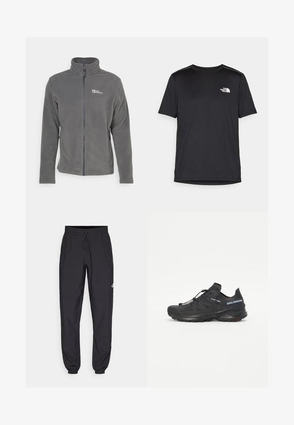 Hallhõlmik lõhnav fleece jakk kõrge kraega, täispikkuse lukuga ja logo vasakul rinnal. Omab pikki varrukaid ja pehmet tekstuuri.; Must mustaöödiga must T-särk, mis on valmistatud kerge riidekanga. Esiküljel on vasakul rinnal väike valge logo ning õlgadel on peened aktsendid.; Mustavad sportlikud püksid, mis on valmistatud kergest kangast, joonlauaga taljest, küljetaskudega ja kitsenevate varrukatega pahkluude juures.; Must Black trail running shoe, mille tekstuuriga ülemine osa, elastsed paelad ja Contagrip väliskülg. Omab tihedat istumist ja kaitsvat varbakatet.