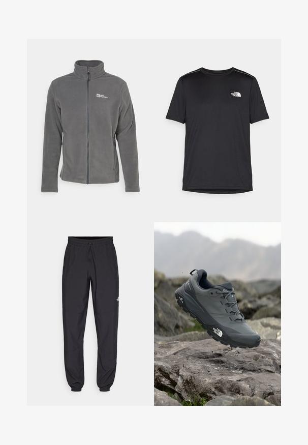 Šedá flísová bunda s vysokým golierom, úplným zipsom a logom na ľavej hrudi. Má dlhé rukávy a jemnú textúru.; Čierne tričko s krátkym rukávom vyrobené z ľahkej tkaniny. Obsahuje malé biele logo na ľavej hrudi a jemné akcenty na pleciach.; Čierne športové nohavice vyrobené z ľahkej tkaniny, s elastickým pásom na šnurovanie, bočnými vreckami a zúženými manžetami na členkoch.; Šedá trailová bežecká obuv s textúrovaným zvrškom, odolnou gumovou podrážkou a vystuženou špičkou. Obsahuje šnúrky a logo značky na boku.