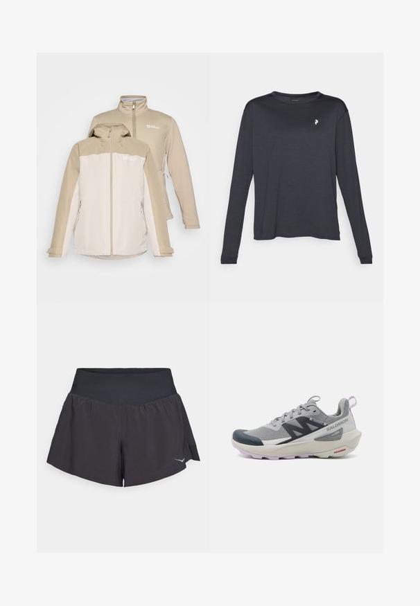 Jack Wolfskin WILD PLACES 3IN1 - Szabadtéri dzseki - pale sand; Sötét színű, hosszú ujjú póló, textúrált anyagból készült, kerek nyakkivágással és egy kis fehér logóval a bal mellrészén.; Fekete sportos rövidnadrág széles, sima derékkal. Felső része harang formájú, alsó jobb sarkán pedig fényvisszaverő logó részlet található.; A Salomon futócipő szürke és tengeri kék színben, légáteresztő hálós felsőrész, gumírozott orr, valamint texturált talp levendula kiegészítőkkel.