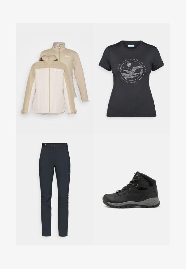 Jack Wolfskin WILD PLACES 3IN1 - Blouson - pale sand; T-shirt noir Columbia avec un dessin linéaire blanc de montagne et de rivière en cercle et le texte "Columbia Sportswear Company À l'extérieur depuis 1938."; Pantalons de plein air pour hommes, gris foncé, fabriqués en matériau flexible, dotés d'une ceinture, de poches zippées et de coutures renforcées.; Botte de randonnée noire au design mi-haut, avec un dessus texturé, des accents gris et une semelle en caoutchouc durable avec des crampons de traction.
