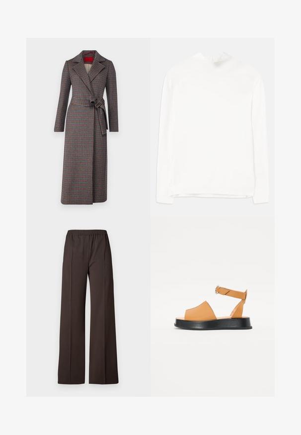 MAX&Co. LONGRUN - Klassikaline mantel - vielfarbig pepita; Valge pikkade varrukatega topp, millel on kõrge kaelus, ribakonstruktsioon ja sirge lõige. Kangas näeb välja pehme ja sile, ilma nähtavate mustriteta.; Laiad sääred tumedast pruunist kangast püksid, elastse vöökohtaga, millel on sile tekstuur ja puhtad jooned, et saavutada kohandatud välimus.; Kohvatanne nahast sandaalid laia esiosa, avatud varvastega, reguleeritava rihmaga ja paksu musta platvormitaldiga. Sile tekstuur ja minimalistik disain.