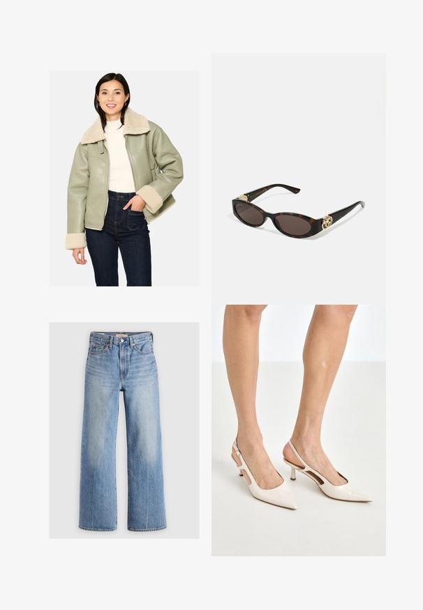 Zelena umetna usnjena jakna z kremastim ovčjim krznom na ovratniku in manšeta, z stranskimi žepi in zadrgo. Oblikovana v kombinaciji z visokimi kavbojkami.; Dolgi rokav turtleneck top v svetlo bež barvi. Narejen iz mehke, raztegljive tkanine s sproščenim krojem in preklopnim ovratnikom.; Svetlo modre široke kavbojke z visokim pasom, zbledelimi predeli, petimi žepi in kontrastnim šivanjem. Klasično zapiranje z gumbom in zadrgo.; Bež lakirane usnjene čevlje na peto s koničastim nosom in 5 cm visokim peto, ki imata izrezane stranice in tanko zanko okoli gležnja.; Kornjačaste sunčane naočale s izduženim ovalnim lećama, smeškim tonovima, zlatnim logotipom na drškama i elegantnim crnim rukohvatima.; Uk espuma usnjena torbica s kurbano obliko, enojni ročaj, zlato okovje in subtilno blagovno ime na dnu. Zadrga ob vrhnjem robu.