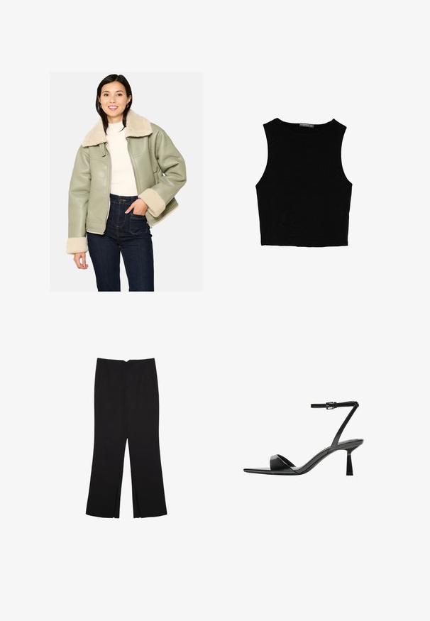 Zelena umetna usnjena jakna z kremastim ovčjim krznom na ovratniku in manšeta, z stranskimi žepi in zadrgo. Oblikovana v kombinaciji z visokimi kavbojkami.; Črn brez rokavov crop top, izdelan iz gladkega materiala, z okroglim izrezom in čistim, preprostim dizajnom brez vzorcev ali dodatkov.; Črne hlače ravnega kroja z naglavnimi žepi in stranskimi razporki na robu. Narejene iz mehke, gladke tkanine. Primerne za različne priložnosti.; Bershka Sandali z visoko peto - black