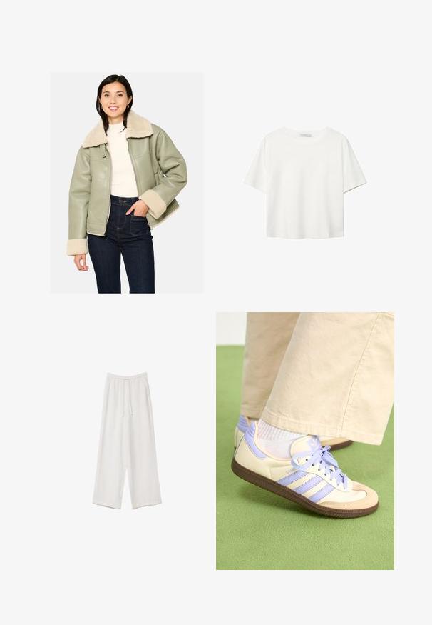 Giacca in ecopelle verde con colletto e polsini in shearling crema, dotata di tasche laterali e chiusura con zip. Indossata con jeans a vita alta.; T-shirt bianco a maniche corte realizzato in cotone. Presenta un collo tondo e una vestibilità rilassata. Texture liscia senza motivi o dettagli visibili.; Pantaloni a gamba larga bianchi realizzati in un tessuto leggero. Presentano una vita elastica con cordoncino e tasche laterali. Texture liscia.; Sneakers crema e lavanda con tre strisce e suola marrone texturizzata, dotati di lacci e tallone imbottito. Parte superiore in tessuto morbido.