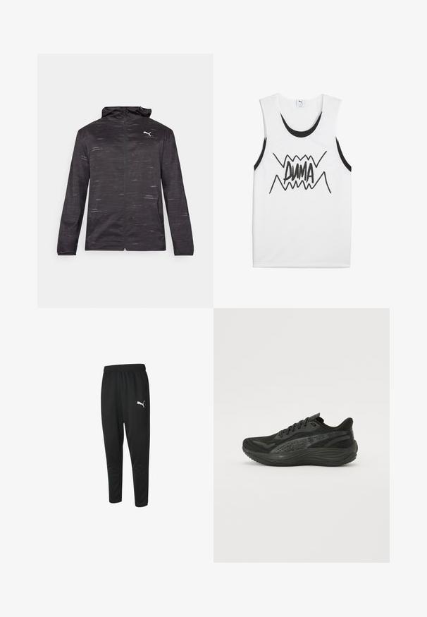Lengvas juodas sportinis džemperis su tekstūruota raštą, visiškai užtrauktuku ir gobtuvu; viršutiniame kairiajame krūtinės kampe yra baltas logotipas.; Balti be rankovių marškinėliai su juodais akcentais, turintys ryškų juodą "PUMA" grafiką per centrą su zigzago dizainu.; Juoda sportinė kelnė iš lygaus audinio, su raišteliu juosmenyje, siaurėjančiomis kojomis ir mažuoju baltu Puma logotipu kairėje pusėje.; Juodos sportinės bateliai su tekstūruotu mezginiu, plokščiomis raištelėmis ir paminkštintu padu, turinčiu subtilius atspindinčius akcentus.