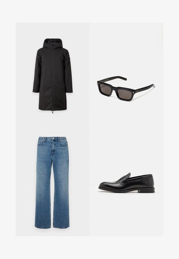 Čierny dlhý kabát so zipsovým uzáverom, kapucňou a dvoma bočnými vreckami. Vyrobený z hladkej, vodoodpudivej tkaniny. Minimalistický dizajn bez viditeľných vzorov.; Biela kratkosrstá bavlnená tričko s okrúhlym výstrihom. Jednoduchý dizajn bez vzorov alebo akcentov. Hladká textúra.; Džínsy s širokými nohavicami vo farbe modrej, vyrobené z denimovej látky s vyblednutým vzhľadom. Obsahujú päť vreciek, predné zapínanie na gombík a rovný strih.; Čierne kožené mokasíny s hladkou textúrou, zaoblenou špičkou a dekoračným pásikom cez priehlavok. Nízky vrstvený opätok, minimalistický dizajn.; Čierne obdĺžnikové slnečné okuliare s tmavými sklami, hrubým plastovým rámom, zlatými detailami na spánkoch a vygravírovaným logom značky na ramene.