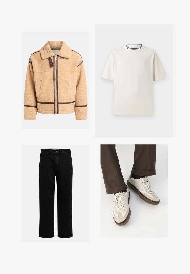 Giacca in shearling sintetico beige con zip frontale, dettagli in pelle marrone e colletto. Presenta un design squadrato e cuciture decorative.; T-shirt in cotone color crema con maniche corte, caratterizzato da un collo rotondo decorato da righe blu navy e bianche. Tessuto liscio, vestibilità comoda.; Pantaloni in denim nero con taglio dritto, design classico a cinque tasche e chiusura con bottone in vita. Tessuto liscio e materiale resistente.; Sneakers beige con una parte anteriore in suede testurizzato, lati in pelle liscia e una suola in gomma marrone. Inclusi lacci e dettagli di cucitura leggera.