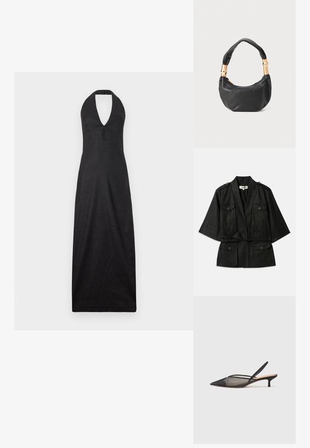 Black short-sleeve jacket with a belted waist, featuring two front pockets and button accents on the shoulders. Textured fabric with a smooth finish.; Cult Gaia LIANNA DRESS - Maxi dress - black; NEOUS IRENA - Classic heels - black; Black leather handbag with a round shape, soft texture, and a knotted handle featuring gold-tone hardware accents. Zipper closure.