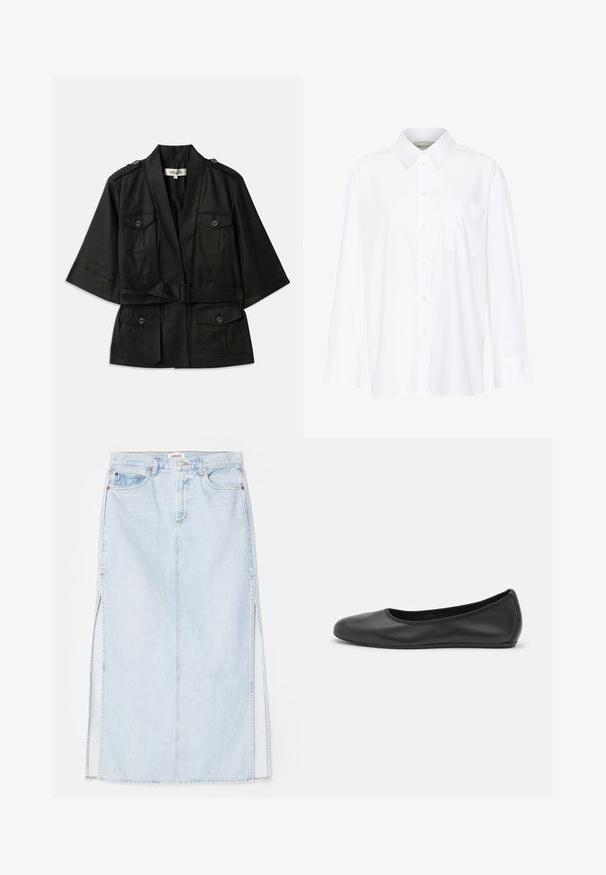 Jachetă neagră cu mâneci scurte și talie brăzdată, având două buzunare frontale și accente cu nasturi pe umeri. Material texturat cu un finisaj neted.; Cămașă albă cu mânecă lungă și guler, fabricată din bumbac. Are un închidere cu băta pe față și un singur buzunar pe piept. Textură netedă, croială lejeră.; Fustă maxi din denim de culoare albastru deschis, cu croială dreaptă, având slituri laterale și design cu cinci buzunare. Cusături evidente și închidere cu nasture metalic.; Balerini din piele neagră, cu vârf rotund, textură netedă, detalii de cusătură minimale și un design al tălpii flexibil.