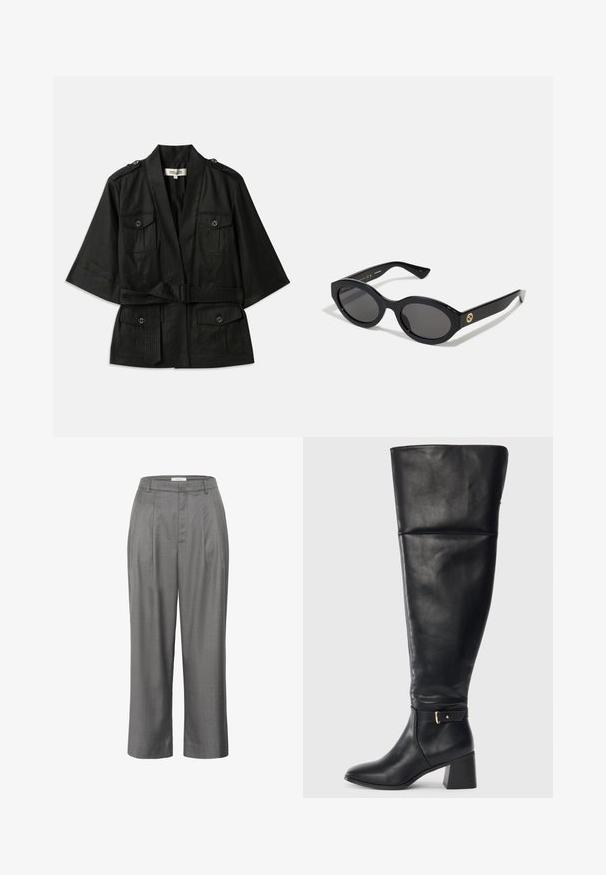 Čierna krátka bunda s krátkym rukávom a opaskom v páse, ktorá má dve predné vrecká a gombíkové detaily na pleciach. Textúrovaná tkanina s hladkým povrchom.; Dlhý rukáv s rolákom v svetlo béžovej farbe. Vyrobené z mäkkého, elastického materiálu s voľným strihom a prehnutým výstrihom.; Sivé nohavice na mieru so rovnom strihom, s preloženým predným dielom, hladkou textúrou látky a klasickým dizajnom pásu.; Čierna kožená vysoká čižma s blokovým podpätkom a dekoratívnym popruhom so zlatou sponou nad členkom, bočný pohľad na bielom pozadí.; Čierne oválne slnečné okuliare s tmavými sklami a lesklým plastovým rámom. Obsahujú zlaté logo na stráne, čo im dáva elegantný a moderný dizajn.