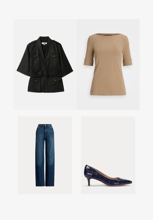 Black short-sleeve jacket with a belted waist, featuring two front pockets and button accents on the shoulders. Textured fabric with a smooth finish.; Beige short-sleeve top with a round neckline, featuring rolled cuffs and a smooth texture. Small logo detail near the hem.; Wide-leg denim jeans in dark blue. Features a high waist, button closure, and classic five-pocket design. Smooth texture with subtle fading.; Navy blue, patent leather high heel shoe with a pointed toe and a small, slim heel. Features a quilted texture and no visible hardware accents.