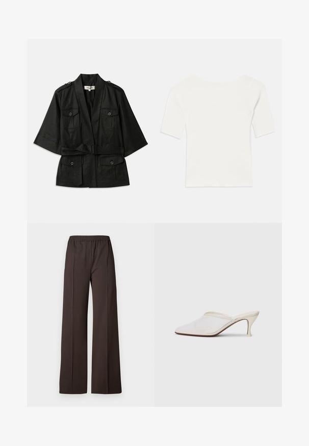 Zwarte korte mouwen jas met een riem in de taille, voorzien van twee voorzakken en knoopaccenten op de schouders. Gestructureerde stof met een gladde afwerking.; Witte ribben top met korte mouwen en een brede hals. De textuur heeft verticale strepen, die een snug fit en eenvoudig ontwerp benadrukken.; Wijdvallende broek in donkerbruin stof met een elastische tailleband, voorzien van een gladde textuur en scherpe lijnen voor een verzorgd uiterlijk.; Witte mesh puntige muiltjes met een slanke hak van middelgrote hoogte en een slip-on ontwerp, tegen een effen achtergrond.