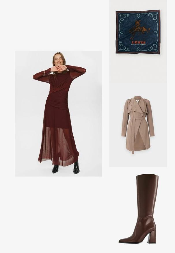 Brauner Trenchcoat mit Reverskragen, langen Ärmeln, geknöpften Schulterakzenten und einem Bindegürtel; verfügt über ein drapiertes Vorderdesign und strukturierte Stoffqualität.; Langes burgunderfarbenes Kleid aus durchsichtigem und glattem Stoff, mit einem gewickelten Oberteil, Raffung und durchsichtigen langen Ärmeln.; Braune knöchelhohe Lederstiefel mit spitzer Zehenform und einem klobigen, transparenten Absatz. Glatte Textur mit minimalen Details.; Navy Seidenschal mit einem Grafikmotiv eines braunen Pferdereiters, einem dekorativen blauen Seilmuster und dem Text "LEVI'S GETRAGEN VON ALLEN COWBOYS" in Rot.