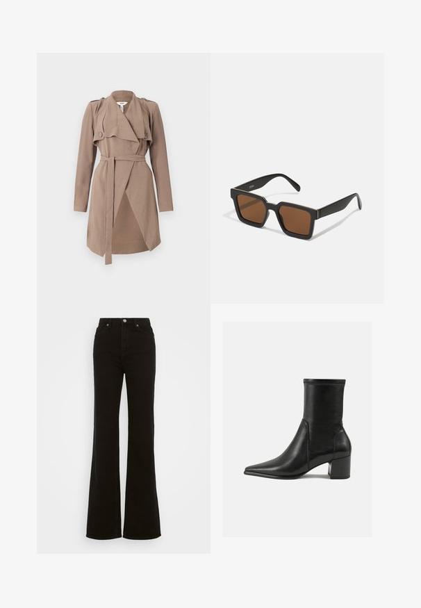 Barna trench kabát, hajtókás gallérral, hosszú ujjakkal, gombos váll díszítéssel és derékpánttal; ejtett elülső kialakítással és texturált anyaggal rendelkezik.; Vero Moda Tall VMHAPPINESS ROLLNECK - Pulóver - oatmeal; Magas derekú fekete trapéz farmer, gombos záródással, oldalsó zsebekkel és sima textúrával.; Fekete, sima bőrből készült bokacsizma, hegyes orral, tömbsarkal, és a felső szélen megkülönböztető kiemelt varrással.; Fekete négyzet alakú napszemüveg barna lencsékkel, matt felülettel és arany kiegészítőkkel a kereten. A dizájn szögletes, széles karokkal rendelkezik.; Fekete bőr kézitáska, téglalap alakú, arany kiegészítőkkel, elöl hajtósapkával és kör alakú logó díszítéssel. Egy állítható pánt található rajta.
