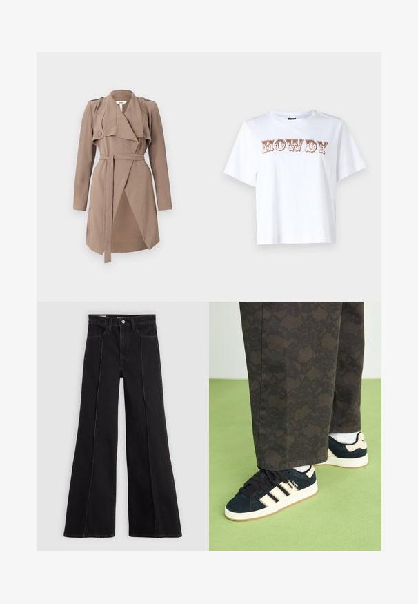 Brun trenchcoat med reverskrage, lange ermer, knapped skulderdetaljer og belte; har et drapert frontdesign og teksturert stoff.; Hvit bomull T-skjorte med korte ermer og rund hals, med "HOWDY" i stilisert brun skrift over forsiden.; Svart høy midje vide ben jeans med sømdetaljer foran, knappelukking, beltehemper og frontlommer på en enkel lys bakgrunn.; Sorte og mønstrede bukser kombinert med marineblå suedesko med kremfargede striper og hvite såler. Overflatene som vises er teksturerte og flate.