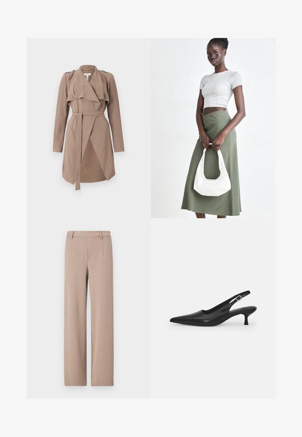 Brun trenchcoat med reverskrave, lange ærmer, knapdetaljer på skuldrene og bælte; har et draperet forreste design og tekstureret stof.; Sort-hvide kortærmede bodystockings med rund halsudskæring og trusse-bund, lavet af glat, strækbart stof.; Lyse beige bukser med lige pasform, skræddersyet design, og forlommer med en glat struktur og talje.; Sort læder slingback-sko med spids tå og en slank, buet hæl. Har en diskret justerbar rem med en metalspænde.; Grå ribbet crop top og olivengrøn højhøjdet nederdel. Modellen holder en hvid skuldertaske med udskæringsdetaljer. Enkel design, tætsiddende silhuet.