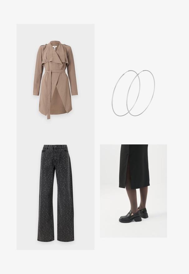 Cappotto in stile trench marrone con colletto a rever, maniche lunghe, dettagli arrotondati con bottoni sulle spalle e cintura in tessuto; presenta un design frontale drappeggiato e una trama tessile.; Due top in maglia senza maniche, a collo alto, in nero e bianco, con un design aderente e una superficie liscia, di lunghezza cropped.; Noisy May NMJANNEL LOOSE - Jeans baggy - black denim; Scarpe in pelle nera con punta arrotondata, tacco spesso a blocco e accenti laterali in elastico, abbinate a collant scuri e una gonna nera con uno spacco.; Orecchini a cerchio in argento con un design minimalista. Forma circolare, superficie liscia e profilo sottile. Leggeri con una finitura lucida.