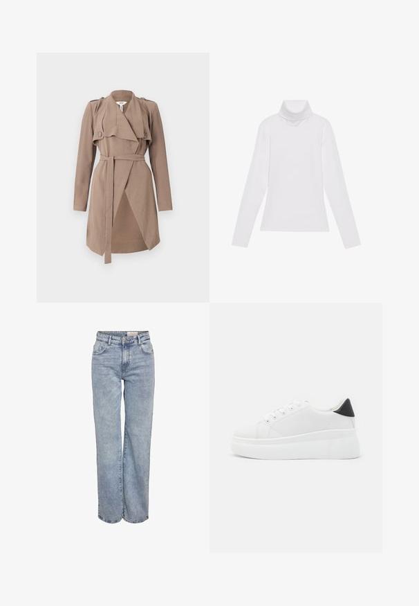 Smeđi trench kaput s rever ovratnikom, dugim rukavima, dugmadi na ramenima i remenom; ima drapirani prednji dizajn i teksturiranu tkaninu.; Bijela majica dugih rukava s rolificom izrađena od glatkog, rastezljivog materijala. Ima visoki ovratnik i uski kroj, bez vidljivih uzoraka ili ukrasa.; Svijetloplave široke traperice napravljene od denima, s visokim strukom, dizajnom od pet džepova i suptilnim izbljeđivanjem za izgled nošenih traperica.; Bijele platforme tenisice napravljene od glatkog sintetičkog materijala, s okruglim vrhom, dizajnom s vezanjem i teksturiranom gumenom potplatom. Crni detalj na peti.