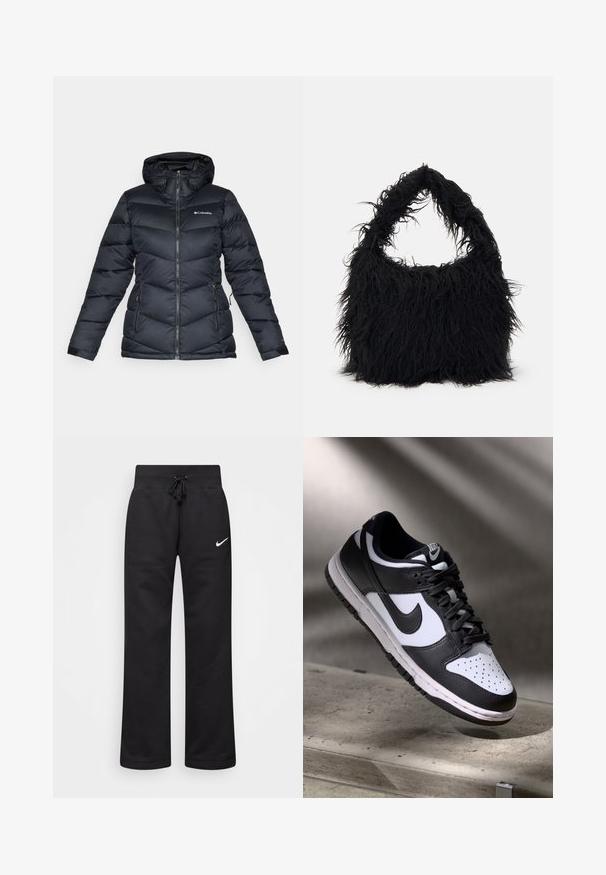 Casaco puffer preto com capuz; design acolchoado, fecho com zíper e dois bolsos laterais. Apresenta o logótipo da Columbia no peito e punhos de mangas elásticos.; Sweatshirt preto cortado com colarinho alto, fecho de meia-zíper, punhos com nervuras e um pequeno logótipo branco da Nike no lado esquerdo do peito. Tecido de textura suave.; Calças de moletão pretas feitas de uma mistura de algodão, com um cós elástico ajustável, pernas retas e um logo da Nike branco no lado esquerdo.; Sapatilha Nike Dunk Low em preto e branco com parte superior em pele, caixa de biqueira perfurada e atacadores pretos, apresentando uma sola branca e detalhes em logótipos.; Even&Odd Saco de mão - black