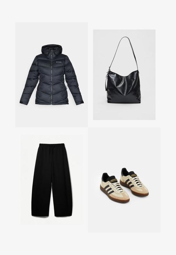 Čierna puffová bunda s kapucňou; prešívaný dizajn, zips a dve bočné vrecká. Vyznačuje sa logom Columbia na hrudi a elastickými manžetami na rukávoch.; Svetlobežový krátky sveter, vyrobený z mäkkej pleteniny, má široký výstrih, spadnuté ramená a rebrované manžety a spodný okraj.; Čierne široké nohavice s elastickým pásom a šnúrkou na sťahovanie. Mäkko tkanina s hladkou textúrou. Priamy strih so bočnými švami.; Béžové semišové športové topánky s čiernymi koženými akcentmi, bielymi šnúrkami a hnedou gumovou podrážkou. Na každej strane sú tri čierne pruhy.; Čierna kožená taška cez plece s mäkkým, textúrovaným povrchom. Má zakrivený dizajn a jeden nastaviteľný popruh. Žiadny ďalší kovový prvok.