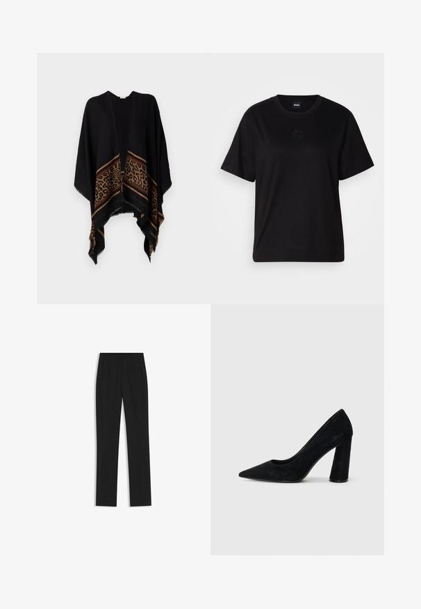 Poncho nero aperto con stampa leopardata e strisce marroni lungo l'orlo. Tessuto morbido con bordi frangiati. Senza bottoni né chiusure.; Maglietta in cotone nera con scollatura tonda, maniche corte e logo ricamato sul petto. Design semplice e vestibilità rilassata senza motivi.; Pantaloni neri su misura con un design a gamba dritta, dotati di tasche frontali e un tessuto liscio e strutturato. Dettagli ordinati e minimalisti.; Pump nera in suede con tacco alto, punta affilata e tacco spesso. Design elegante, texture liscia e stile minimalista. Nessun marchio visibile.