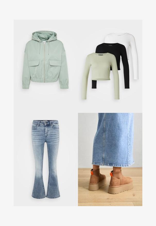 Mint green cropped jacket with a hood, zip closure, elastic cuffs, and two front flap pockets. Smooth fabric with a shiny inner lining.; Even&Odd Petite 3 PACK - Long sleeved top - black/white/light green; Light blue flared jeans made of denim, featuring a classic five-pocket design, front zip closure, and subtle fading along the thighs.; Brown suede platform boots with elastic side panels and orange pull tabs, paired with a knee-length light denim skirt on a wooden floor.