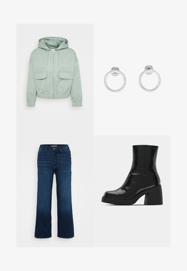 Mint green cropped jacket with a hood, zip closure, elastic cuffs, and two front flap pockets. Smooth fabric with a shiny inner lining.; Even&Odd Petite 3 PACK - Long sleeved top - black/white/light green; ONLY Petite ONLMADISON BLUSH WIDE - Wide Leg - dark blue denim; Black ankle boots with a glossy finish, square toe, and a thick block heel. The design features a seamless silhouette and minimal branding.; Silver metal hoop earrings with a brushed texture, featuring a circular design and a clear post back for secure wear.