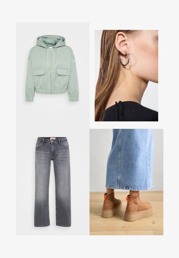 Mátově zelená zkrácená bunda s kapucí, zipovým uzávěrem, elastickými manžetami a dvěma předními kapsami s klopou. Hladká tkanina s lesklou podšívkou.; Even&Odd Petite 2 PACK - Top - light grey/black; Šedé džíny z denimu se středně širokým střihem, stylem s pěti kapsami, jemným vyblednutím a zapínáním na knoflík v pase.; Hnědé semišové platformové boty s elastickými bočními panely a oranžovými poutky, spárované s sukní z jasného denimu ke kolenům na dřevěné podlaze.; Stříbrný kruhový náušník s lesklým povrchem, zdobený malými zlatými akcenty, v kulatém tvaru, nošený na lalůčku.