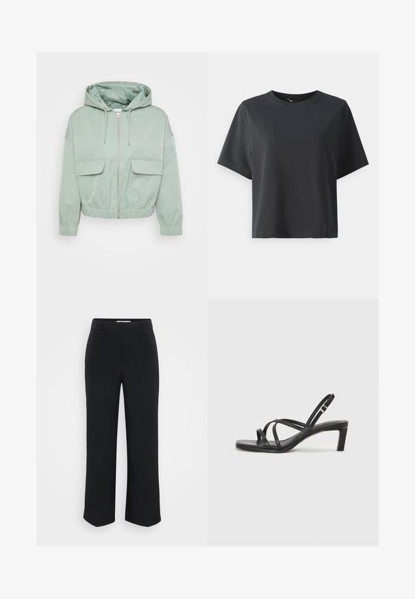 Mėtų žalios spalvos trumpa striukė su kapišonu, užtrauktuku, elastingomis rankovėmis ir dviem priekinėmis kišenėmis su sklende. Lygus audinys su blizgiu vidiniu pamušalu.; Juodas medvilnės marškinėliai, trumpomis rankovėmis, apvaliu kaklu, laisvas kirpimas, lygus paviršius, paprastas dizainas, be raštų ar akcentų.; Juodi plačių kojų kelnių dizainas su lygiu paviršiumi, plokščiu juosmeniu ir šoniniais kišenėmis, sukurtas minimalistinės estetikos.; Juodi šlepetės su kvadratiniu pirštu ir žemu bloku kulnu. Yra keli ploni dirželiai ir reguliuojamas kulkšnies diržas. Pagaminti iš lygios odos.