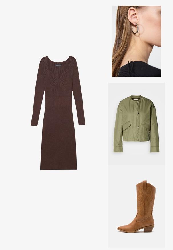 Giacca cropped verde oliva in tessuto leggero con colletto rotondo, bottoni a pressione e due tasche laterali con aperture diagonali.; Abito marrone a maniche lunghe con scollatura a barchetta e silhouette aderente. Presenta un dettaglio di cucitura a forma di V sul corpino.; Stivale cowboy in pelle marrone chiaro con punta affusolata, modelli ricamati a spirale sull'asta e tacco a blocco impilato. Presenta una linguetta per una facile calzata.; Orecchino a cerchio in argento con finitura lucida, caratterizzato da piccoli dettagli in oro e una forma tondeggiante, indossato sul lobo.