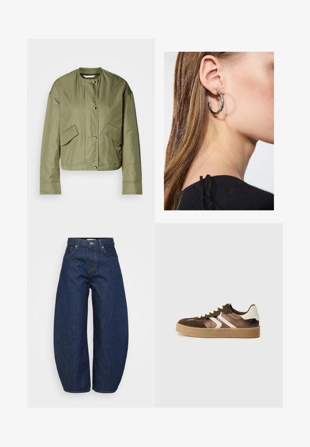 Oliven grønn cropped jakke i letvægtigt stof med rund hals, trykknapper og to sidelommer med diagonale åbninger.; Lys grå sweatshirt med rund hals, lange ærmer, ribbede manchetter og en let cropped kant. Har diskret syning foran.; Mørkeblå denim jeans med høj talje og brede ben, frontknap og lynlås lukning samt klassisk fem-lomme design.; Brune og creme sneakers med en kombination af ruskind og satin materialer, der har tre diagonale striber og en struktureret gummisål.; Sølv hoop ørestik med en poleret overflade, prydet med små guld accenter og en rund form, båret på øreflippen.