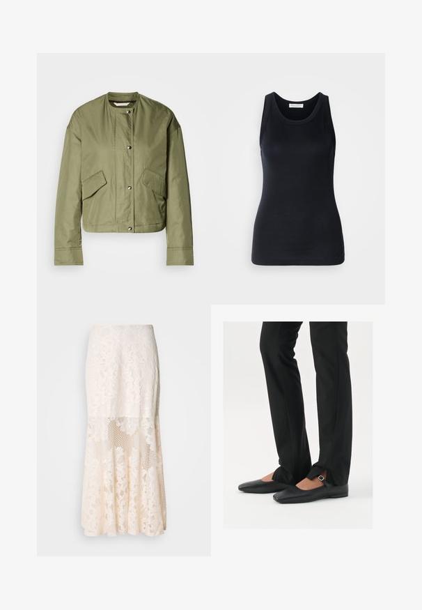 Oliven grønn cropped jakke i letvægtigt stof med rund hals, trykknapper og to sidelommer med diagonale åbninger.; Sort tanktop lavet af blødt, strækbart materiale. Har en rund halsudskæring og brede stropper, med en tætsiddende silhuet og glat tekstur.; Blomsterdenim midi-skirt i crème; har et lagdelt design med gennemsigtige sektioner, struktureret blonder og en udfladning. ; Sorte læder balletflade sko med spids tå, rem med sølvspænde, parret med sorte skræddersyede bukser med slids i bunden.