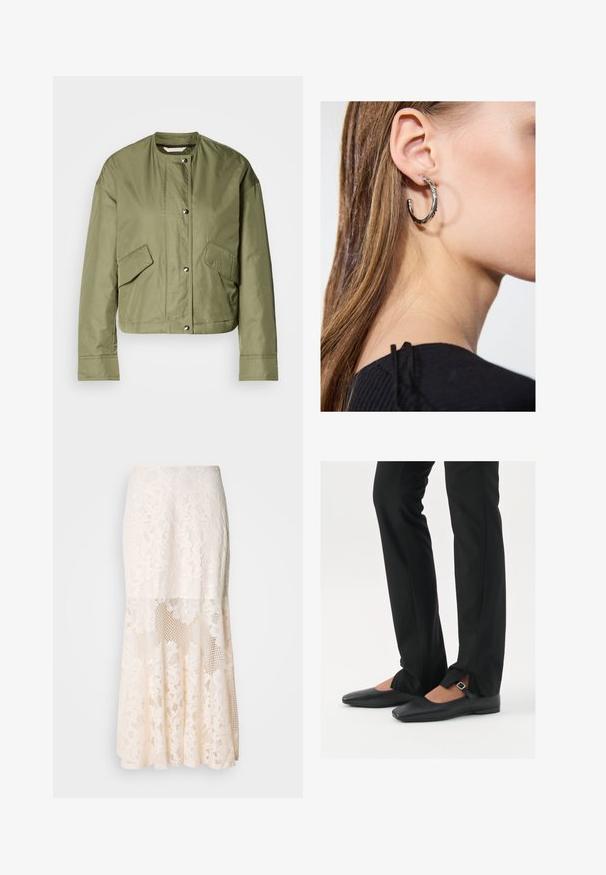 Giacca cropped verde oliva in tessuto leggero con colletto rotondo, bottoni a pressione e due tasche laterali con aperture diagonali.; Top nero senza maniche realizzato in un tessuto morbido e elasticizzato. Caratterizzato da un collo rotondo e spalline larghe, con una vestibilità aderente e una superficie liscia.; Gonna midi in pizzo floreale color crema; presenta un design a strati con sezioni trasparenti, pizzo testurizzato e un orlo svasato.; Ballerine in pelle nera con punta appuntita, cinturino con fibbia in argento, abbinate a pantaloni neri su misura con orlo a spacco.; Orecchino a cerchio in argento con finitura lucida, caratterizzato da piccoli dettagli in oro e una forma tondeggiante, indossato sul lobo.
